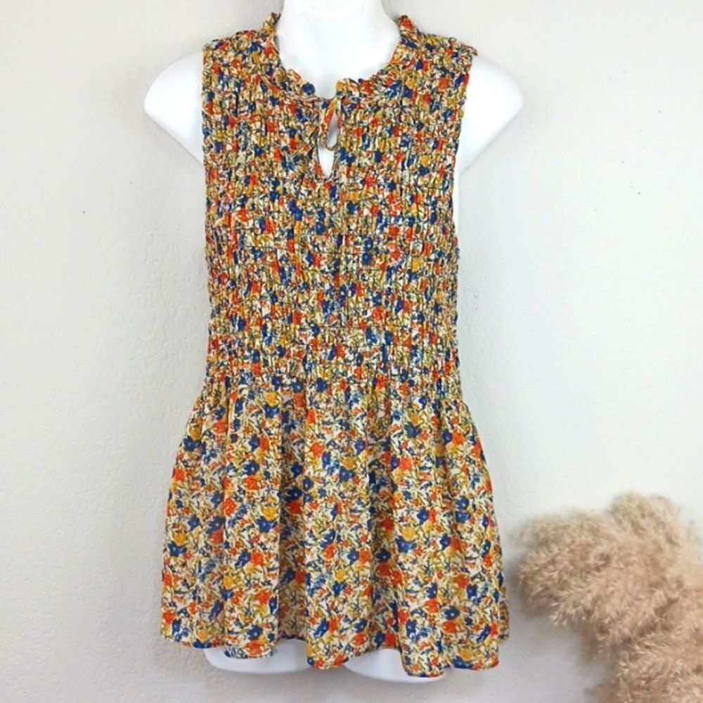 Rose + Olive ditzy floral sleeveless semi-sheer milkmaid, boho, tunic top Large